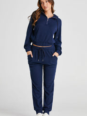 Ensemble de sweat à capuche courte en maille côtelée bleu marine et pantalons de jogging à cordon - Miniatuur