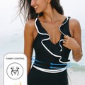 Black Color Contrast Ruffled Wrap V Neck Swimsuit - Damesmode Afbeelding 6 - Foto 6
