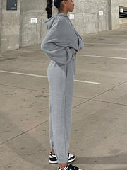 Grå Solid Drop Shoulder hoodie och joggers träningsklädesset - Miniatuur