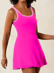 Rose Red Contrast Trim Neckline Active Shorts Attached One Piece Swim Dress - Miniatuur