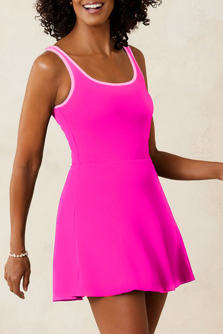 Rose Red Contrast Trim Neckline Active Shorts Attached One Piece Swim Dress - Damesmode