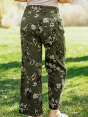 Green Vintage Floral Print Square Patch Pocket Raw Hem Shift Jeans - Miniatuur