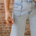 Himmelblo Sträif, Knäppchen, Klapp, Täsch mat Manschetten, breet Jeans mat de Been, - Foto 5