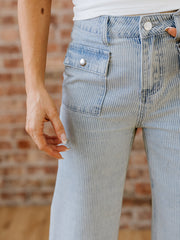 Sky Blue Stripe Button Flap Pocket Cuffed Hem Wide Leg Jeans - Miniatuur