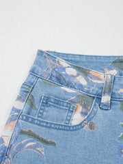Sky Blue Retro Floral Print Frayed Hem Shift Jeans - Miniatuur