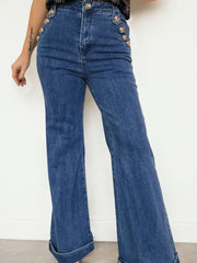 Ashleigh Blue Golden Button Detail Rolled Edge Flare Leg Jeans - Damesmode Afbeelding 1 - Miniatuur