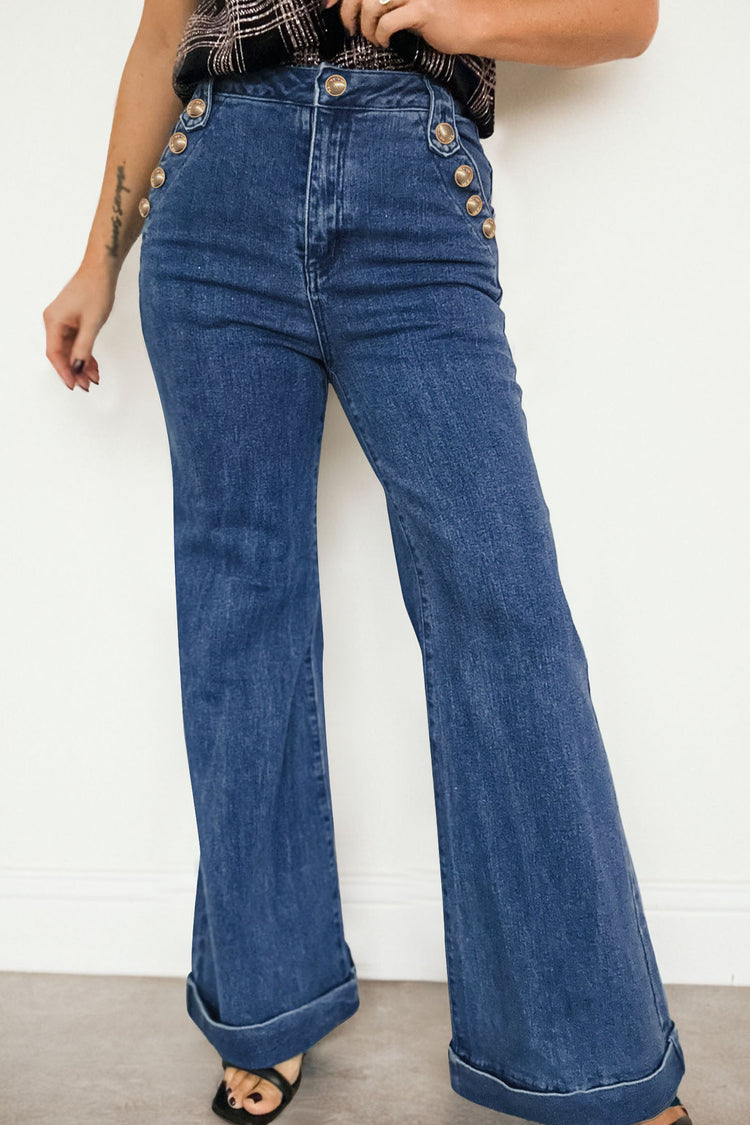 Ashleigh Blue Golden Button Detail Rolled Edge Flare Leg Jeans - Damesmode Afbeelding 1 - Damesmode