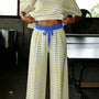 Yellow Stripe Colorblock Trim Crew Neck Loose Tee Drawstring Elastic Waist 2pcs Pant Set