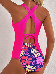Ensemble tankini rose à bas floral à ourlet à volants - Miniatuur