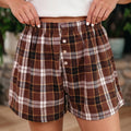 Brown Plaid Button Front Elastic Waist Shorts - Damesmode Afbeelding 1 - Foto 1