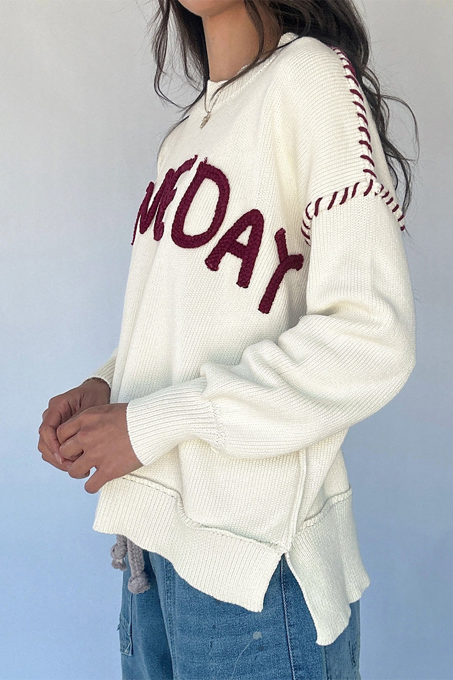 Beige Drop Shoulder Game Day Letter Print Pullover Sweater - Damesmode Afbeelding 5