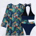 Rosenrotes 3-teiliges Tropical Contrast Trim Neckholder-Bikini-Set mit Cover up - Foto 4