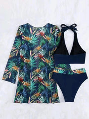 Rose Red 3pcs Tropical Contrast Trim Halter Bikini Set with Cover up - Miniatuur