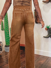 Kaffee-High-Waist-Button-Jeans mit Griff und Naht mit Rohsaum-Flare-Decke - Miniatuur