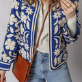Blue Flower Print Open Front Buttoned Cuffs Elegant Jacket - Damesmode Afbeelding 4 - Foto 4
