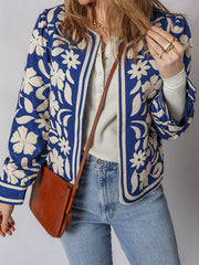 Blauer Blumenmuster Offene Vorderseite mit Knöpfen Elegante Jacke – Damesmode Afbeelding 4 - Miniatuur