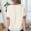 Violet Leopard Patchwork Trim Split Neck Short Sleeve Blouse - Foto 5