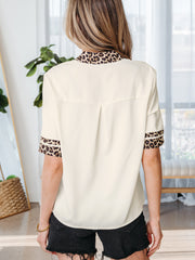 Violet Leopard Patchwork Trim Split Neck Short Sleeve Blouse - Miniatuur