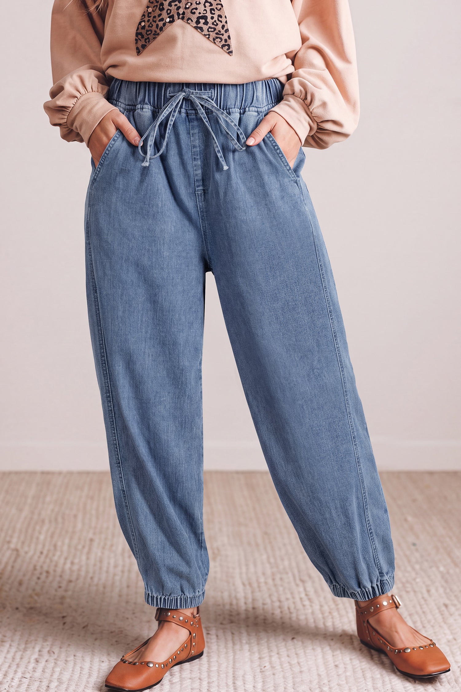 Jeans harem taille élastique bleu crépuscule longueur cheville
