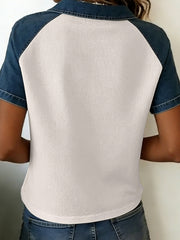 White Textured Color Block Denim Patchwork Polo Collar Tee - Miniatuur
