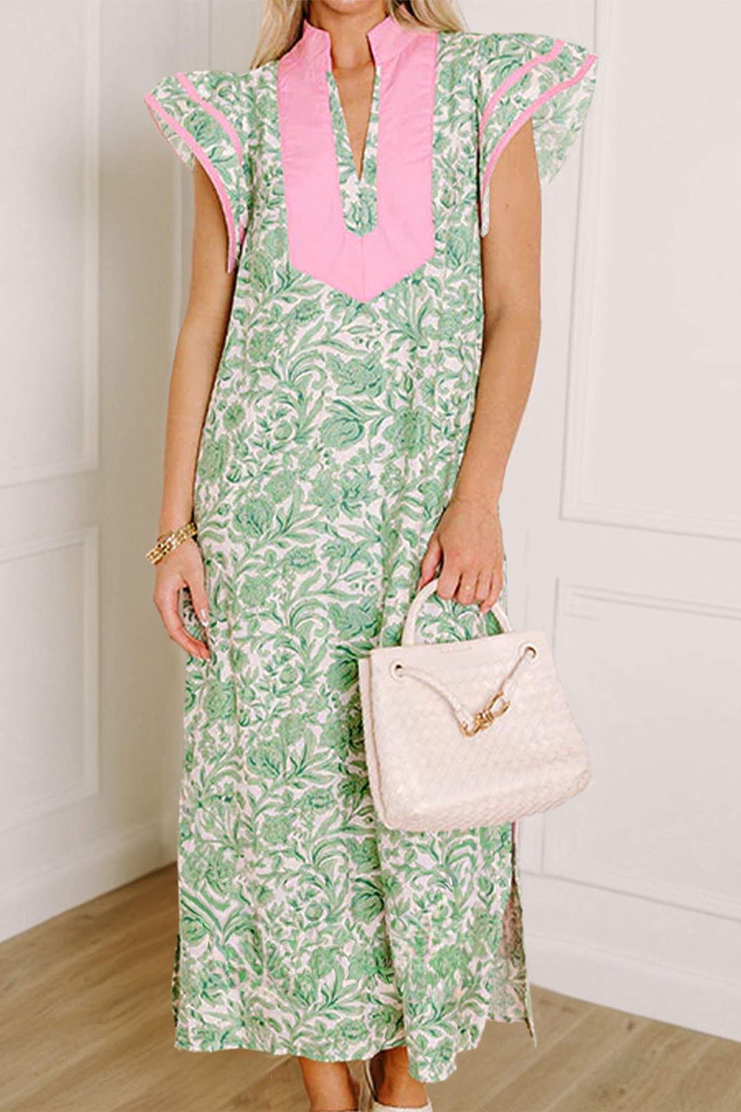 Pink Floral Print Color Block Patchwork V Neck Short Sleeve Midi Dress