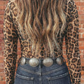 Camel Leopard Print Slim Fit Mesh Long Sleeve Mock Neck Top - Foto 2