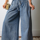 Jeans à rayures bleu ciel, boutons plissés à cordon, taille décontractée, jambes larges - Thumbnail