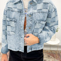 Beau Blue Denim Checkered Pattern Patchwork Womens Casual Jacket - Damesmode Afbeelding 1 - Foto 1
