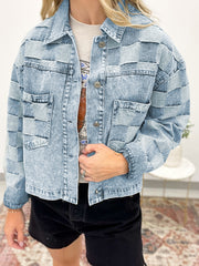 Beau Blue Denim kariertes Patchwork Damen-Casual-Jacke – Damesmode Afbeelding 1 - Miniatuur