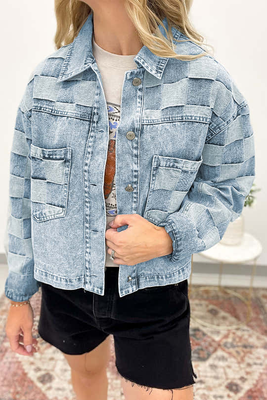 Beau Blue Denim kariertes Patchwork Damen-Casual-Jacke – Damesmode Afbeelding 1