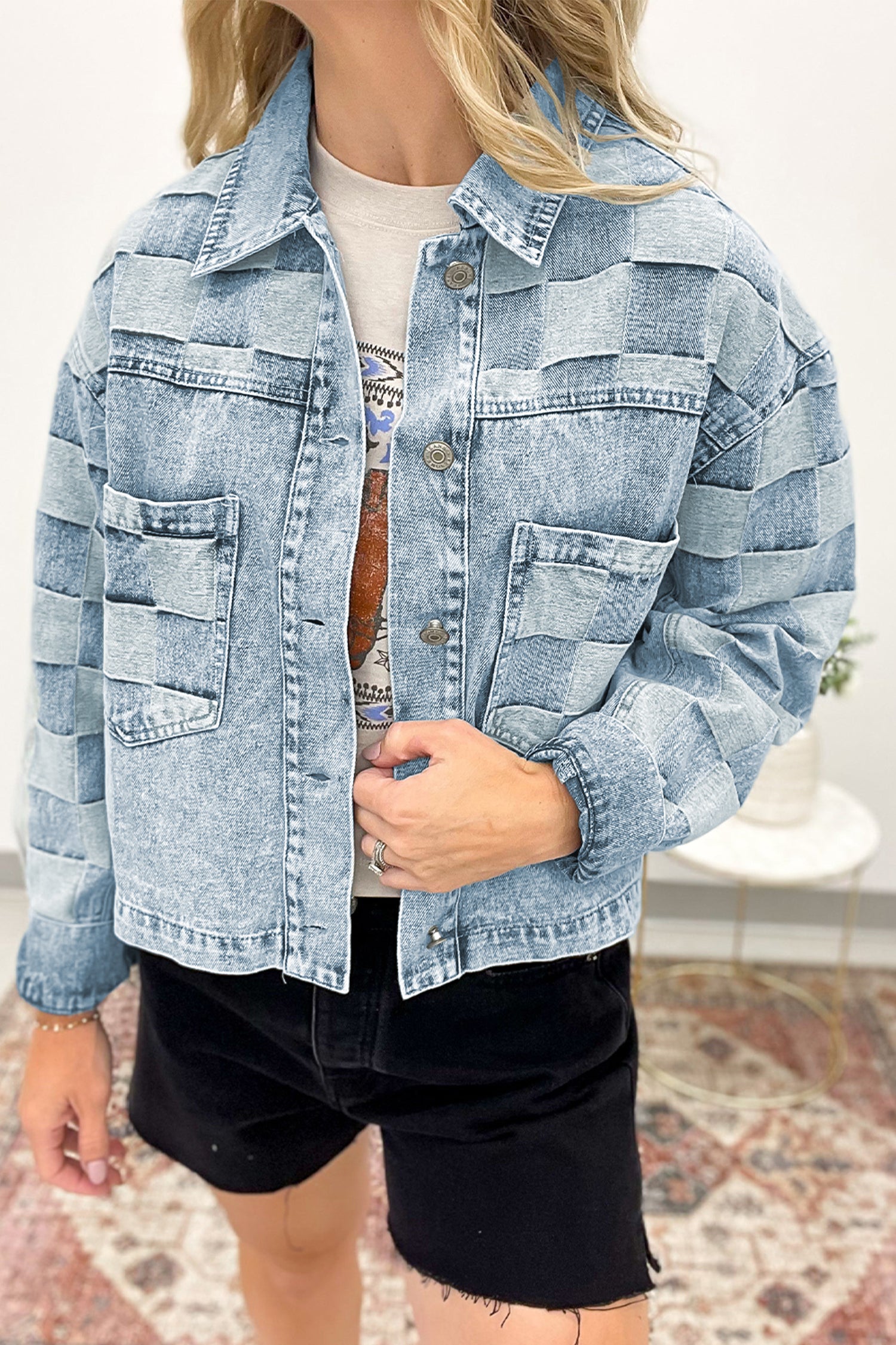Beau Blue Denim Checkered Pattern Patchwork Womens Casual Jacket - Damesmode Afbeelding 1