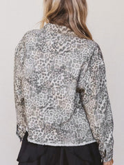 Veste en jean à col clouté à clous à motifs de léopard kaki - Miniatuur