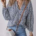 Blue Floral Print Notched V Neck Puff Sleeve Blouse - Damesmode Afbeelding 4 - Foto 4