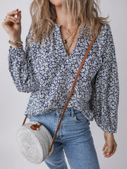 Blue Floral Print Notched V Neck Puff Sleeve Blouse - Damesmode Afbeelding 4 - Miniatuur