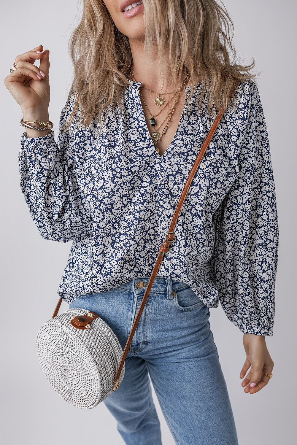 Bluse mit Blütenmuster mit Kerbdruck V-Ausschnitt und Puffärmel – Damesmode Afbeelding 4