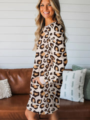 Khaki Leopard Long Sleeve Shift T Shirt Dress with Pockets - Miniatuur