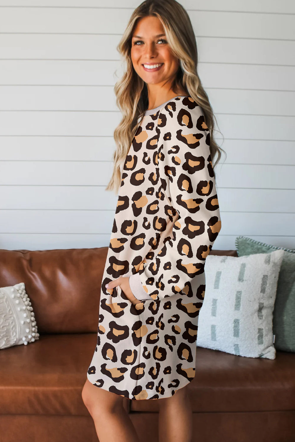 Khaki Leopard langærmet shift-t-shirt kjole med lommer