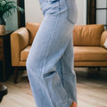 Beau Blue Multi Buttons Pinstripe Wide Leg Jeans - Damesmode Afbeelding 3 - Foto 3