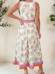 White Floral Print Color Block Trim Belted Sleeveless Maxi Dress - Miniatuur
