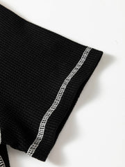 Black Waffle Textured Contrast Trim V Neck Tee - Damesmode Afbeelding 7 - Miniatuur