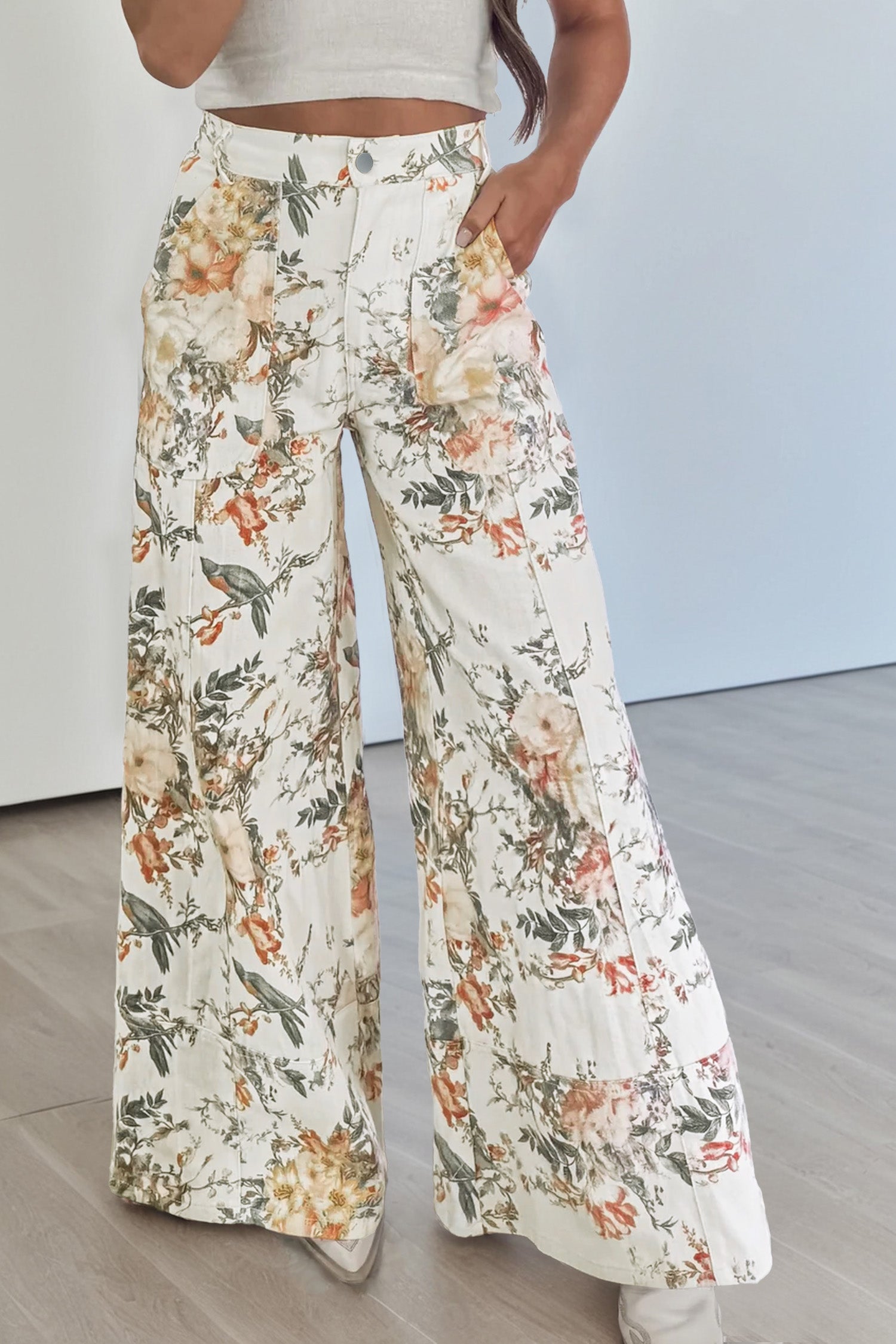 Beige Vintage Style Floral Print High Waist Wide Leg Jeans - Damesmode Afbeelding 1