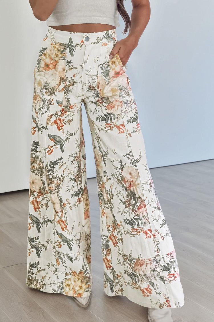 Beige Vintage Style Floral Print High Waist Wide Leg Jeans - Damesmode Afbeelding 1 - Damesmode