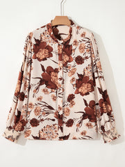 Camisa de botones con estampado floral marrón y manga poeta - Imagen de moda femenina 5 - Miniatuur