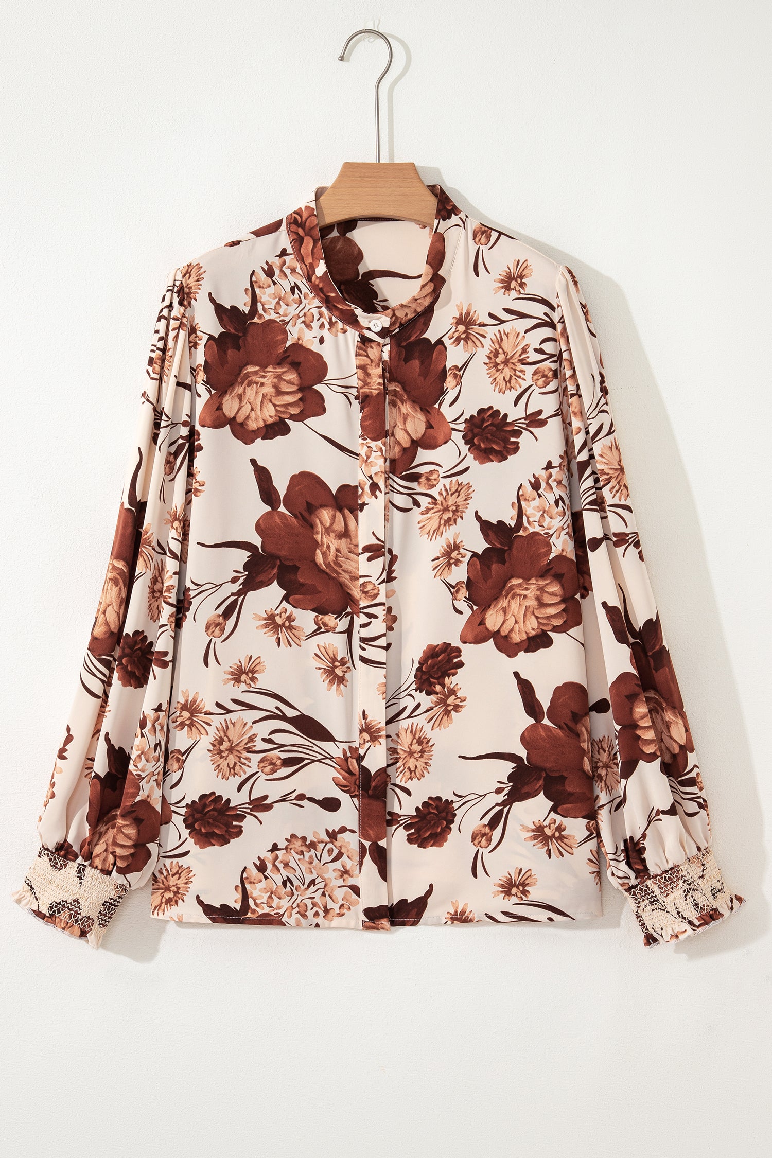 Brown Floral Print Button Down Poet Sleeve Shirt - Damesmode Afbeelding 5
