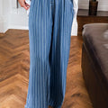 Blue Stripe Chambray Wide Leg Tied Elastic Waist Trousers - Damesmode Afbeelding 1 - Foto 1