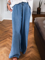 Blue Stripe Chambray Wide Leg Tied Elastic Waist Trousers - Damesmode Afbeelding 1 - Miniatuur