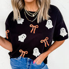 Black Sequin Bow Ghost Patched Halloween Graphic Tee - Damesmode Afbeelding 6 - Thumbnail