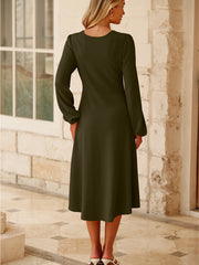 Jungle Green Solid Color Ruched Detail Long Sleeve Midi Dress - Miniatuur