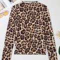 Camel Leopard Print Slim Fit Mesh Long Sleeve Mock Neck Top - Foto 3