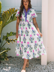 Himmelblaues, florales Puff-Kleid mit V-Ausschnitt und hohem Taille Maxi-Kleid - Miniatuur